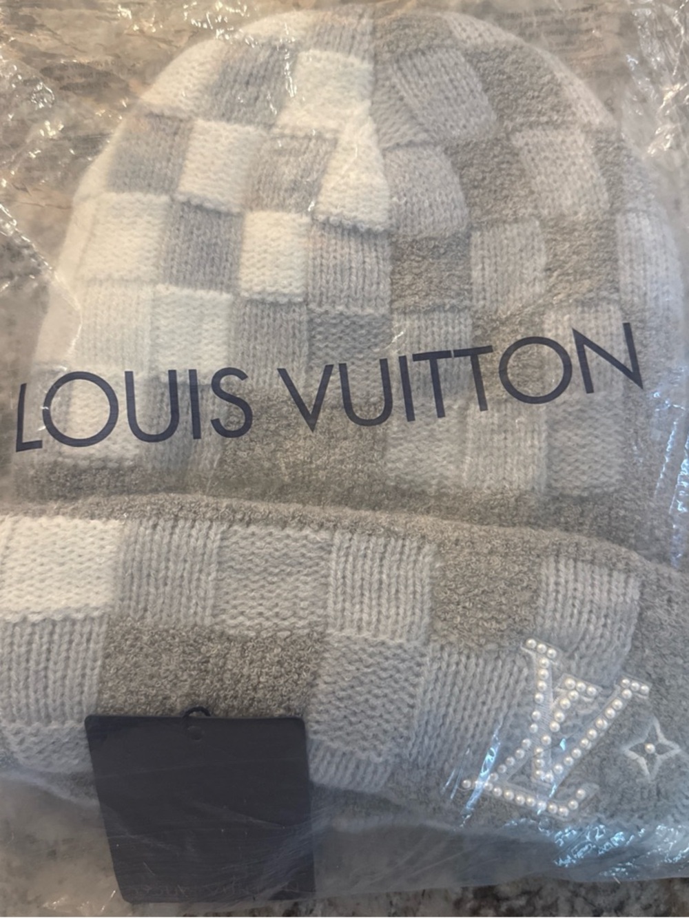 Louis Vuitton Gray & White Checkerboard Knit Beanie with Crystal LV